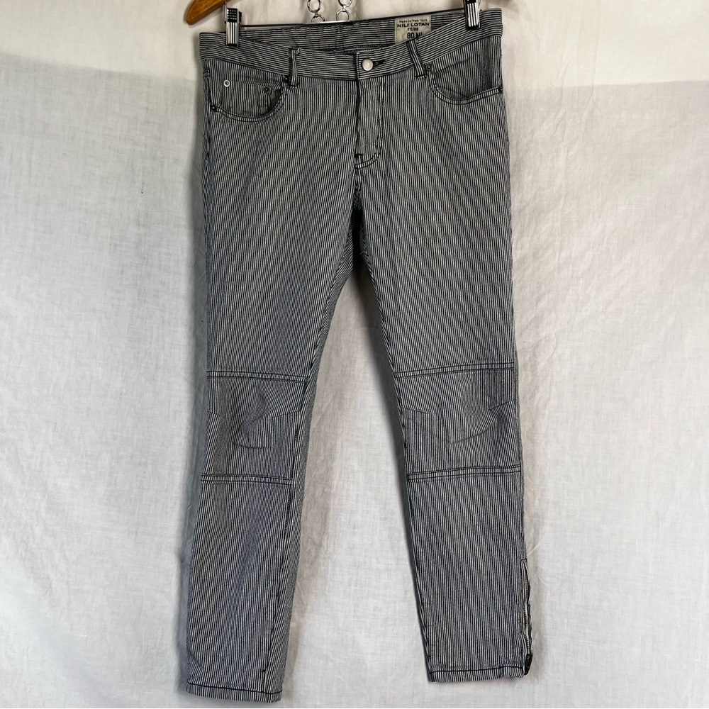 Nili Lotan Hickory Stripe Pants Womens 6 USA Made Cropped Zippers Skinny Jeans